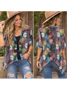 Ronnie Salloway Tropical Mesh Cardigan M Handkerchief Hem Artsy Boho Lagenlook